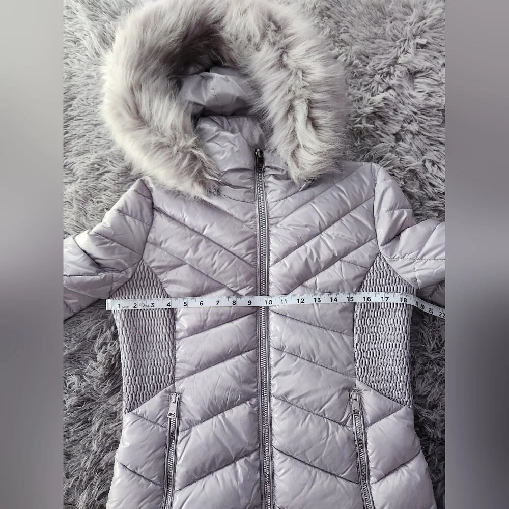 Silver Quilted Puffer Jacket with Faux Fur Hood